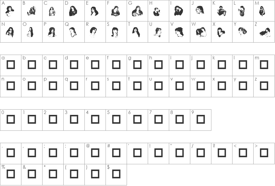 PreRaphaelites font character map preview