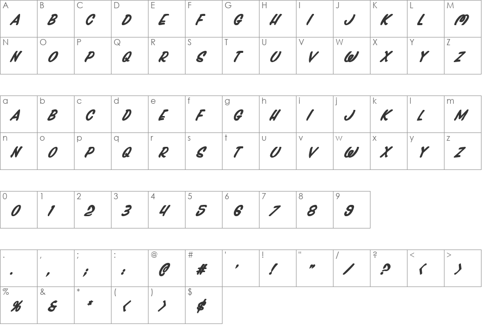 Press Darling Bold Italic font character map preview
