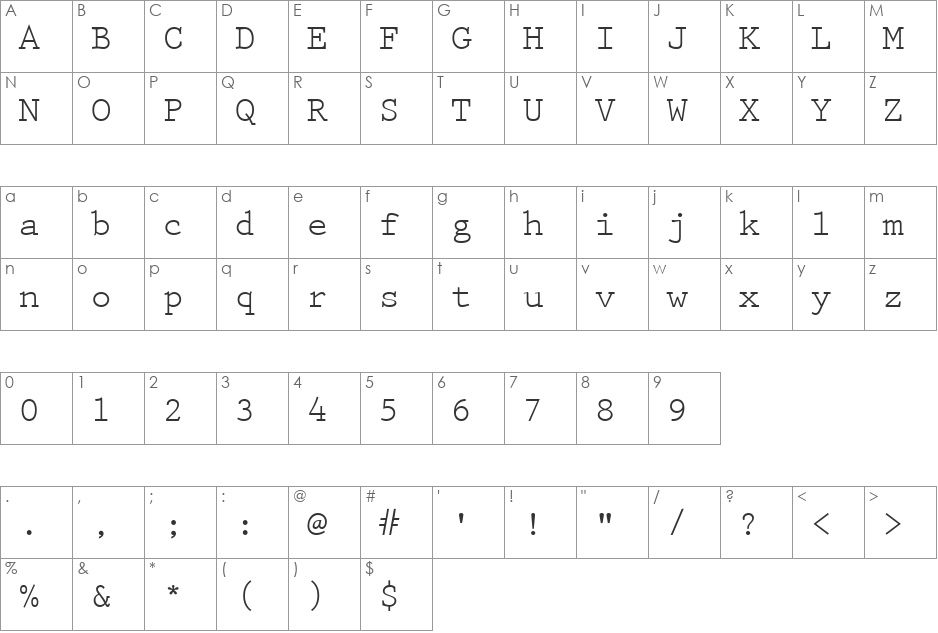 Prestige Elite font character map preview