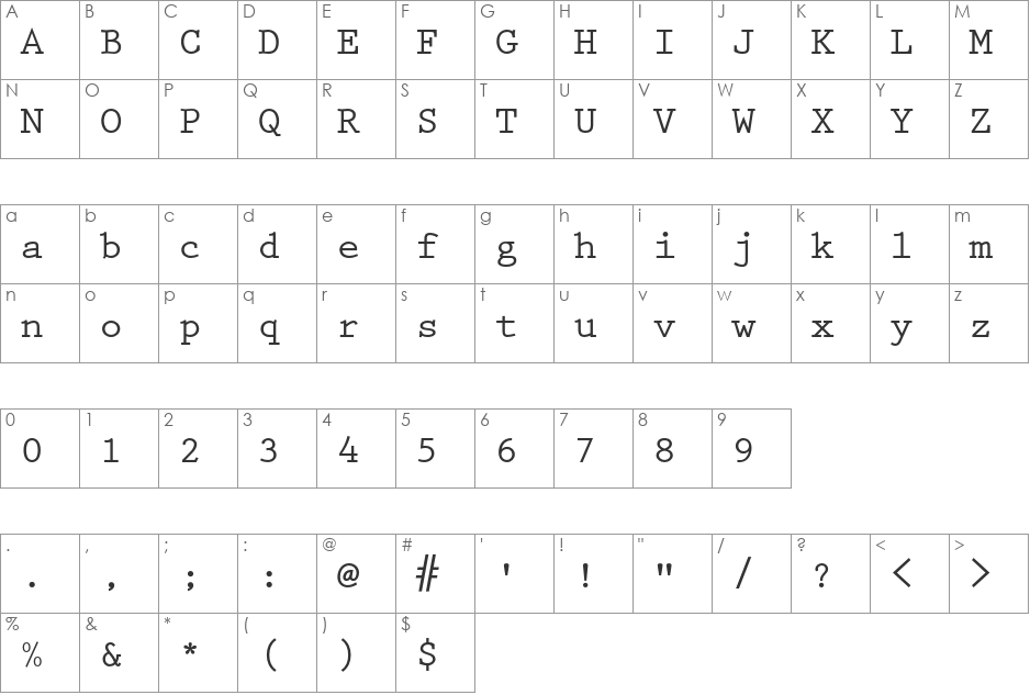 Prestige Elite Std font character map preview