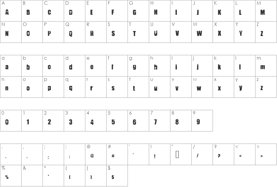 PrettyThings font character map preview