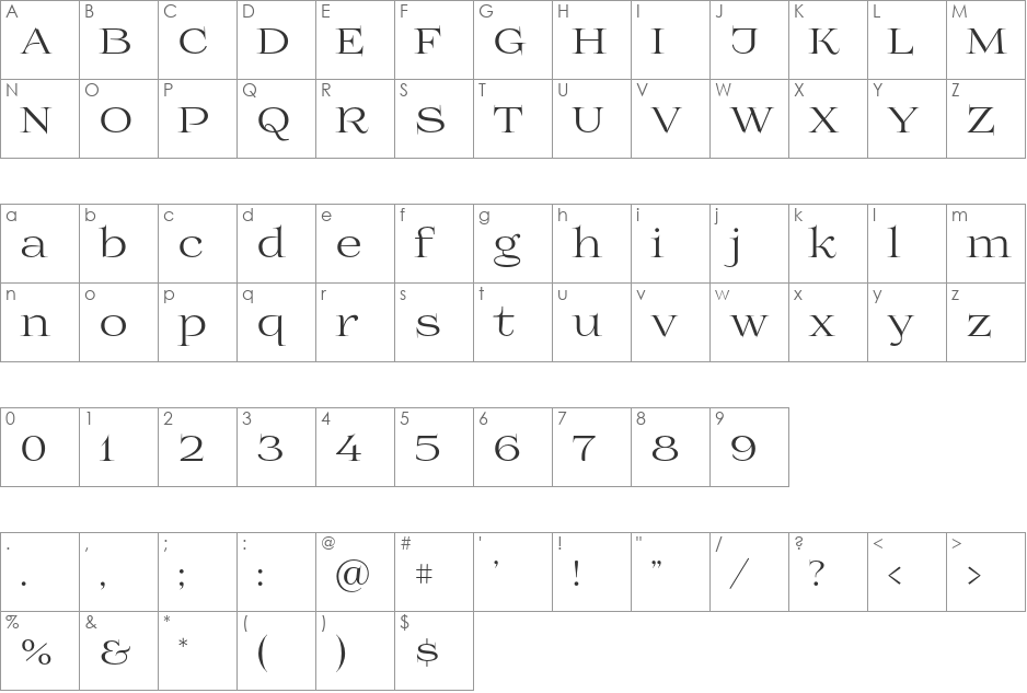 Prida01 font character map preview
