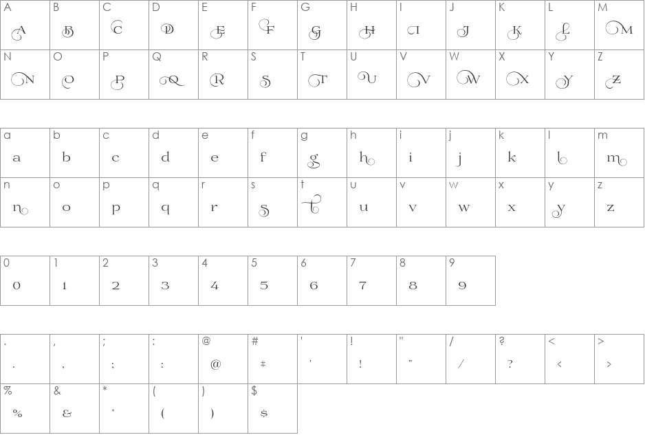 Prida02Calt font character map preview