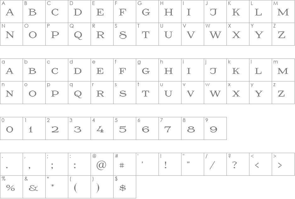 Prida36 font character map preview