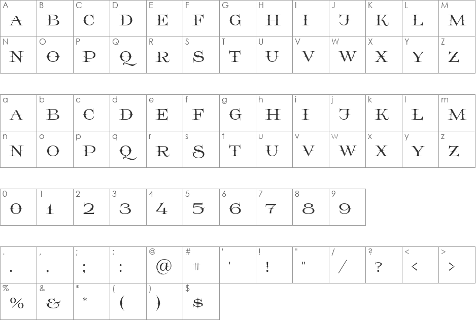 Prida65 font character map preview