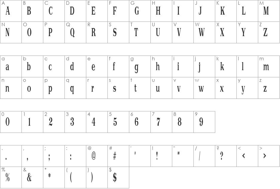 Primus Narrow SF font character map preview