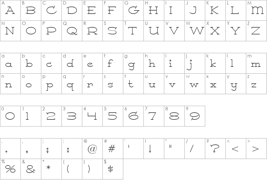 Princess BTN Lt font character map preview