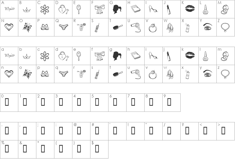 Princess BV font character map preview
