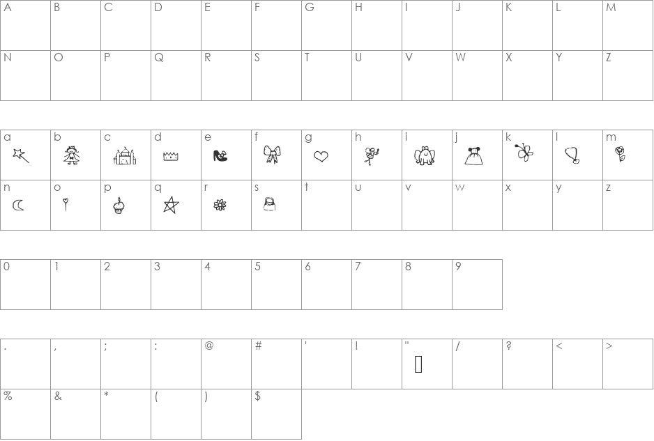 PrincessDings font character map preview
