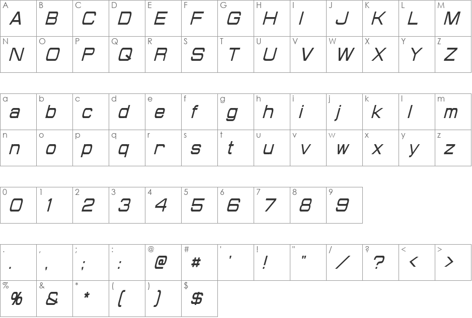 Probert Condensed font character map preview