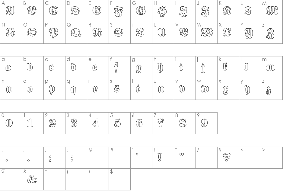 Proclamate Outline font character map preview