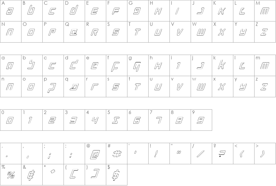 Prokofiev Outline Italic font character map preview