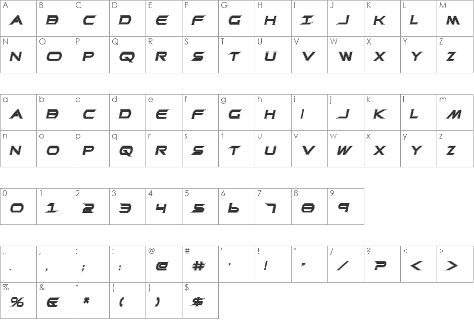 Promethean College Italic font character map preview