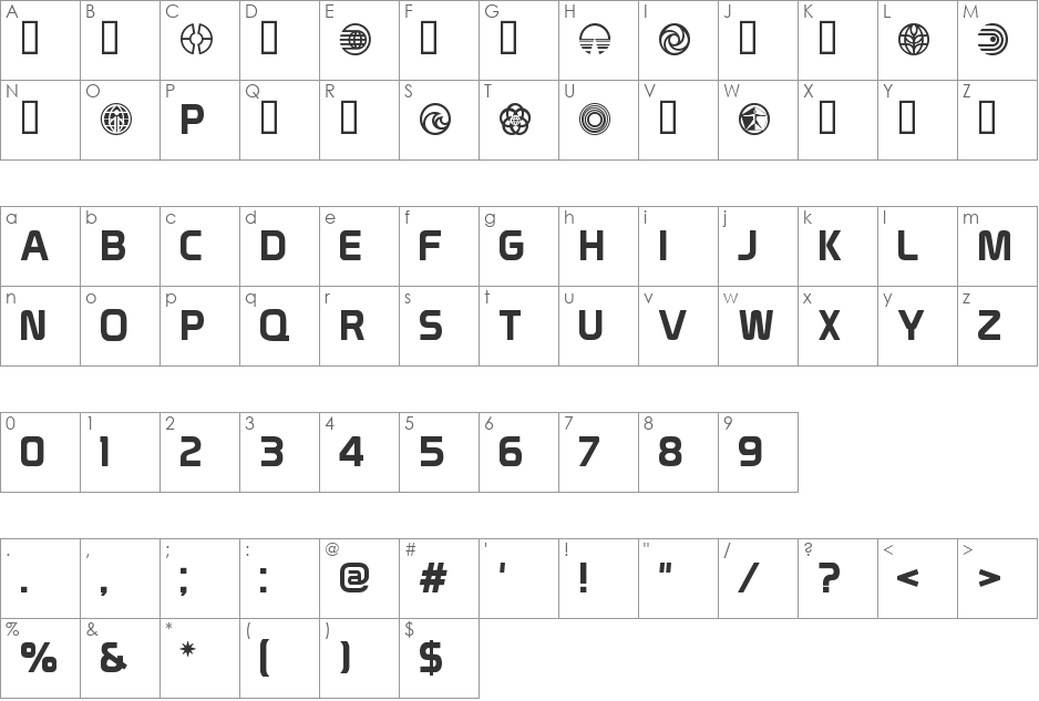 Prototype Pavilion font character map preview