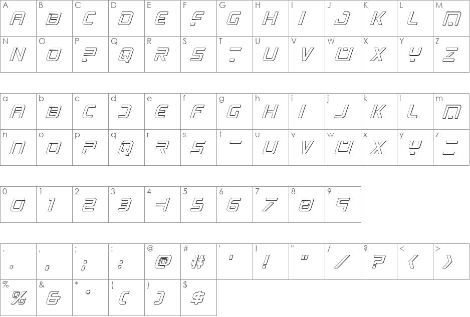 PsYonic VII 3D Italic font character map preview