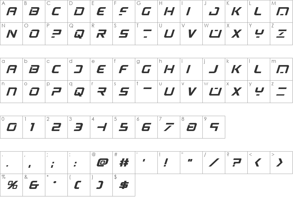 PsYonic VII Bold Expanded Italic font character map preview