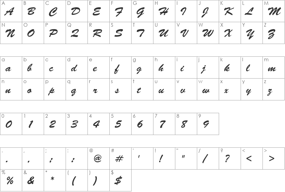 PT Angelica font character map preview