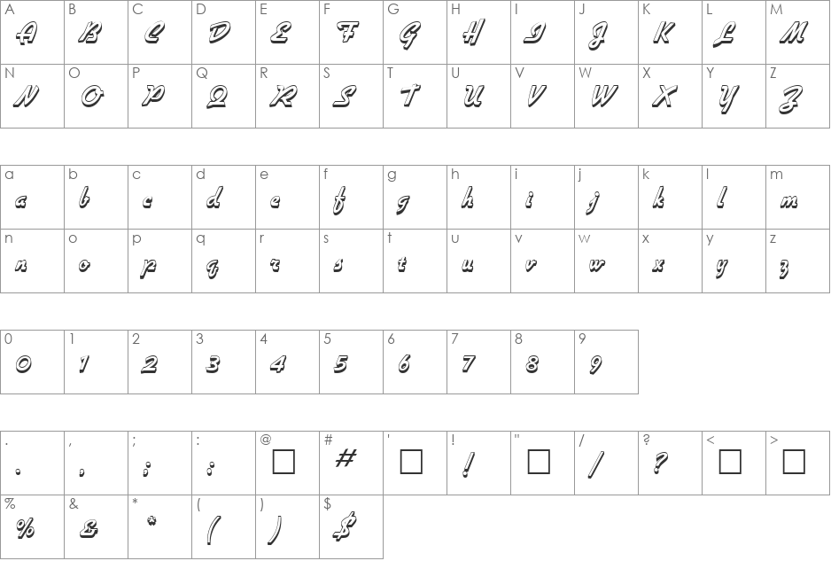 PT Diner Shadow font character map preview