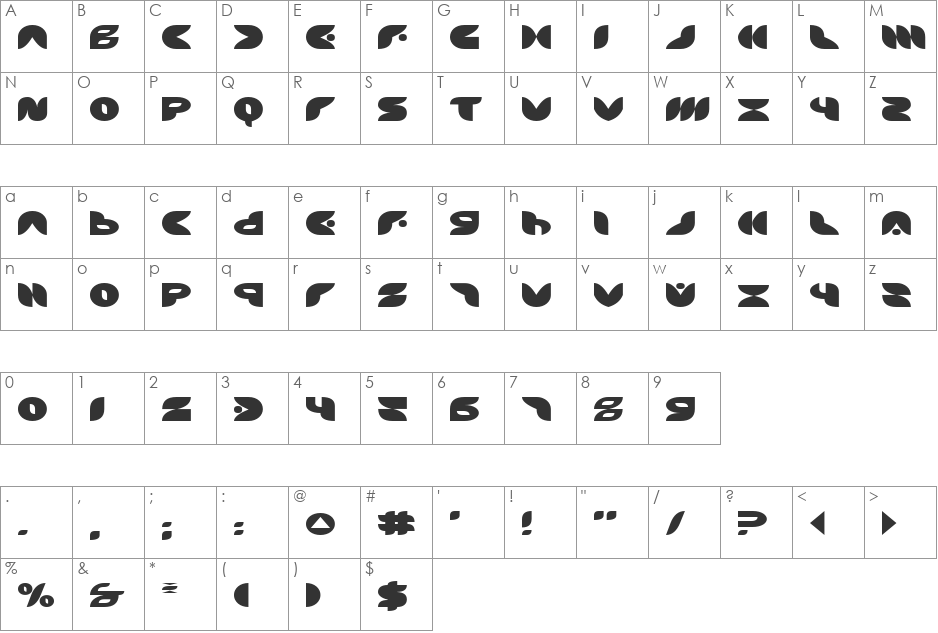 Puff Angel Expanded font character map preview