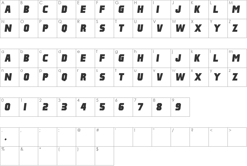 Pulp Fiction M54 font character map preview