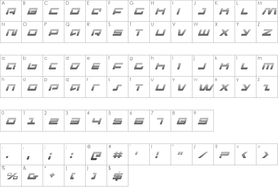 Pulse Rifle Gradient Italic font character map preview