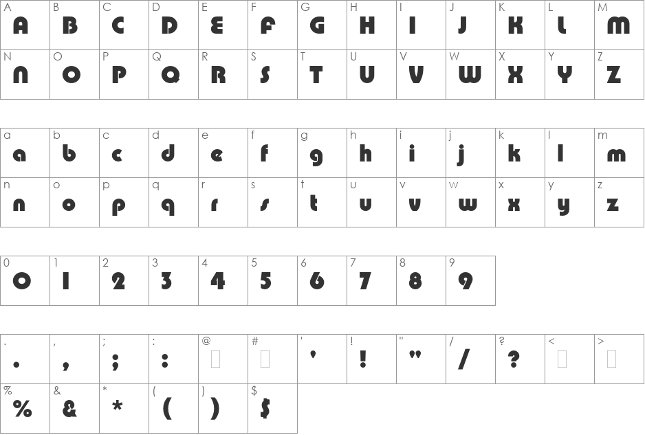 Pump font character map preview