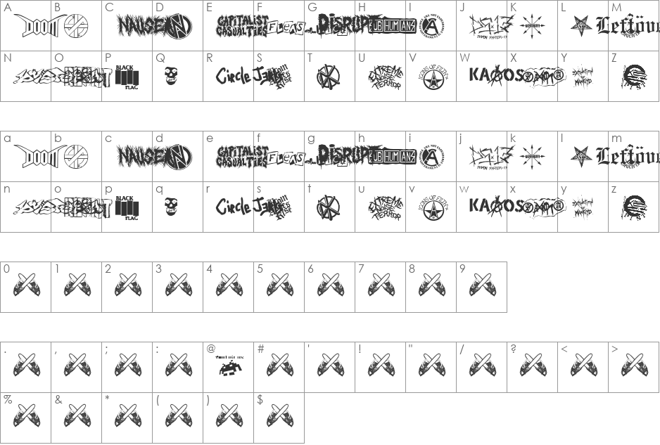 punk rawk font character map preview