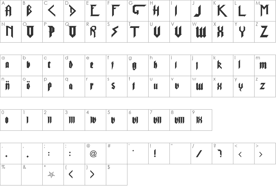 Pure evil 2 font character map preview