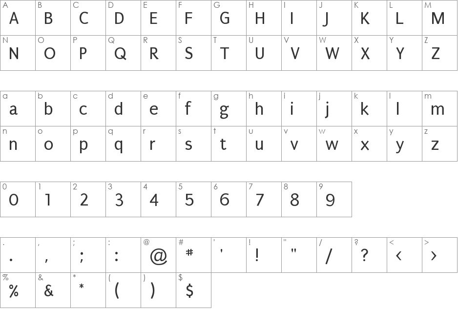 Puritan font character map preview