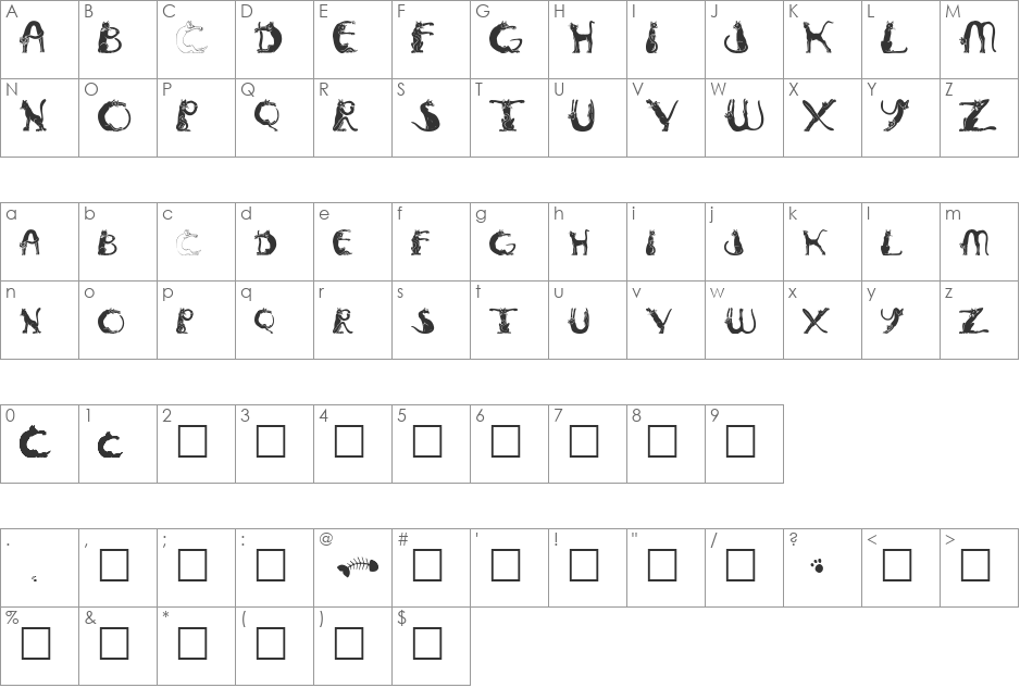 Pussyfoot font character map preview