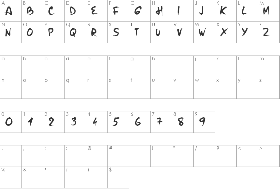 PW Brush Me font character map preview