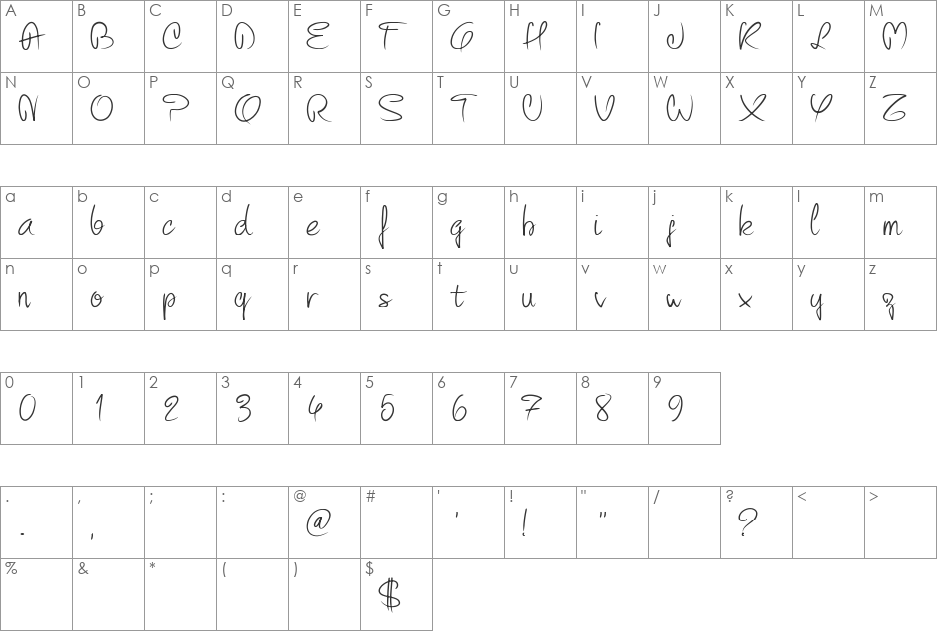 PW Curvy regular script font character map preview
