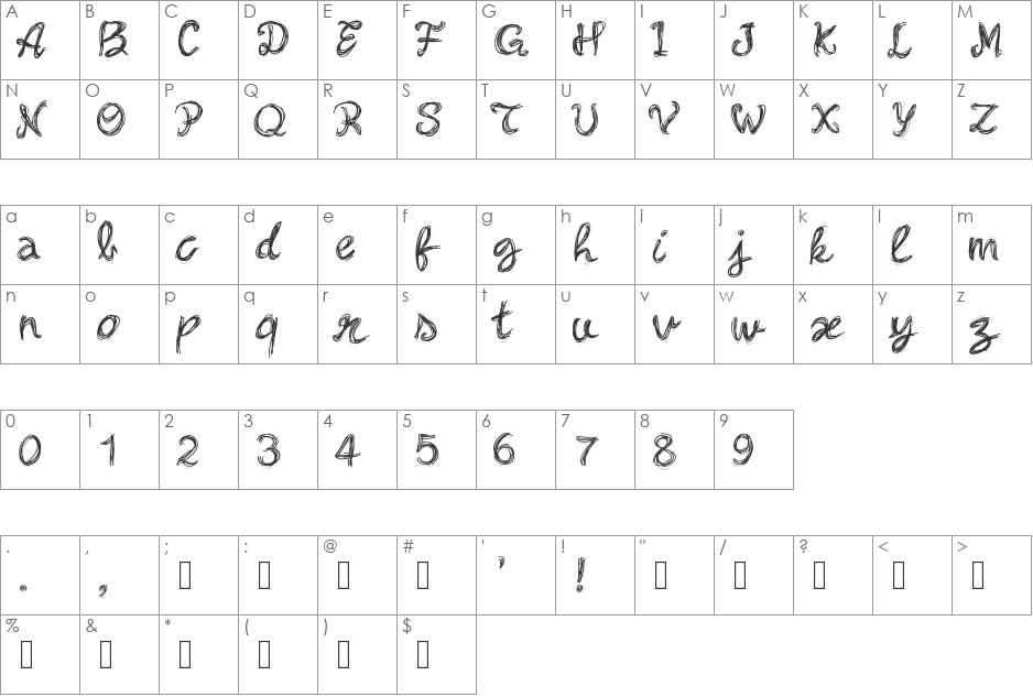 PWBella font character map preview