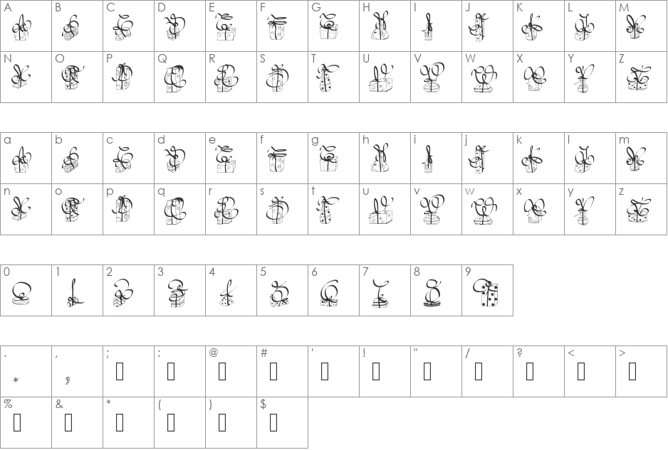 PWChristmasGifts font character map preview