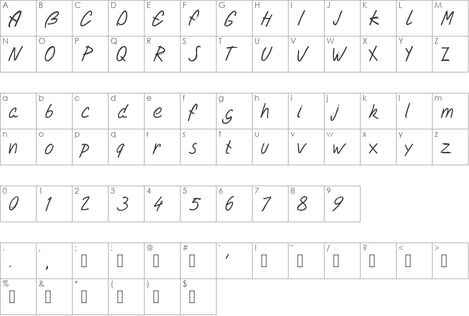 PWDoubleScript font character map preview