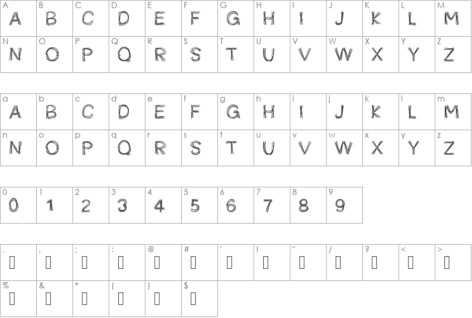 PWFicelles font character map preview