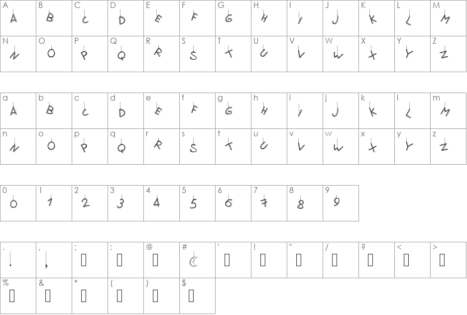 PWFlymetothemoon font character map preview