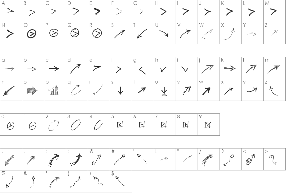 PWFreeArrows font character map preview