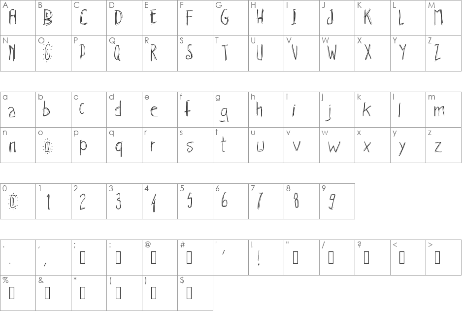 PWHachures font character map preview