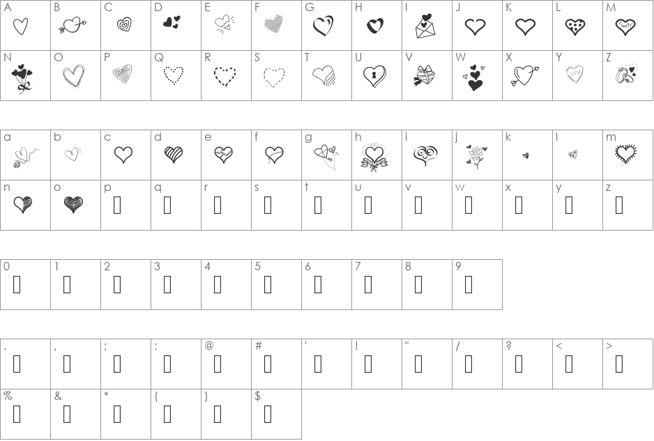 PWLittleHearts font character map preview