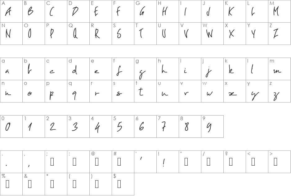 PWOblique font character map preview