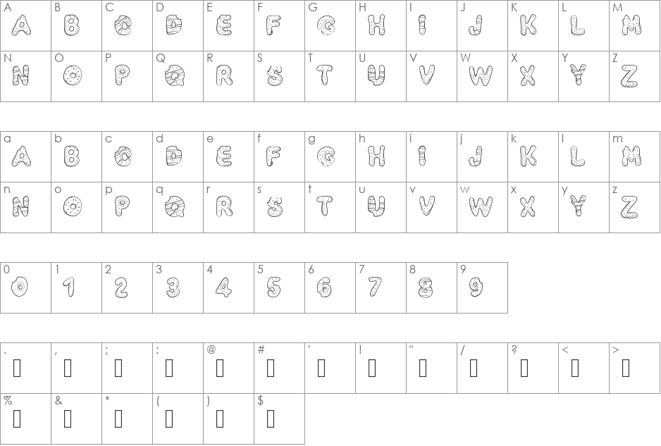 PWYummyDonuts font character map preview