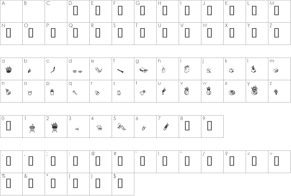 Pyrobats font character map preview