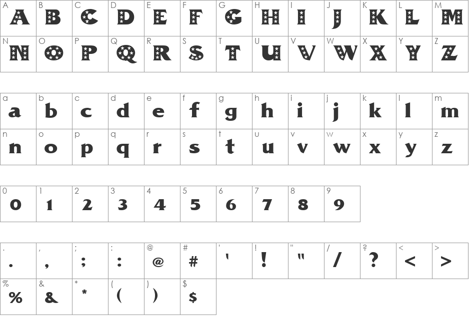 PZ.Star font character map preview