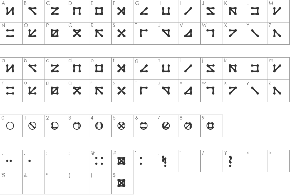 Q-Bert's Funeral font character map preview