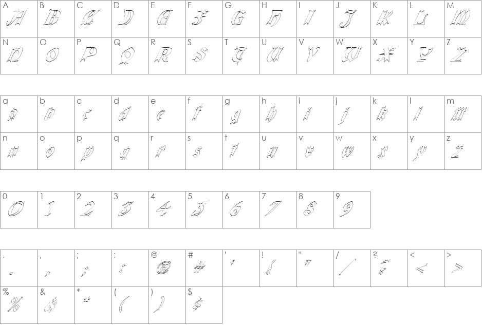 QuaelGothicHollowItalics font character map preview