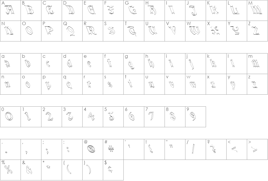 QuaelGothicHollowLefty font character map preview