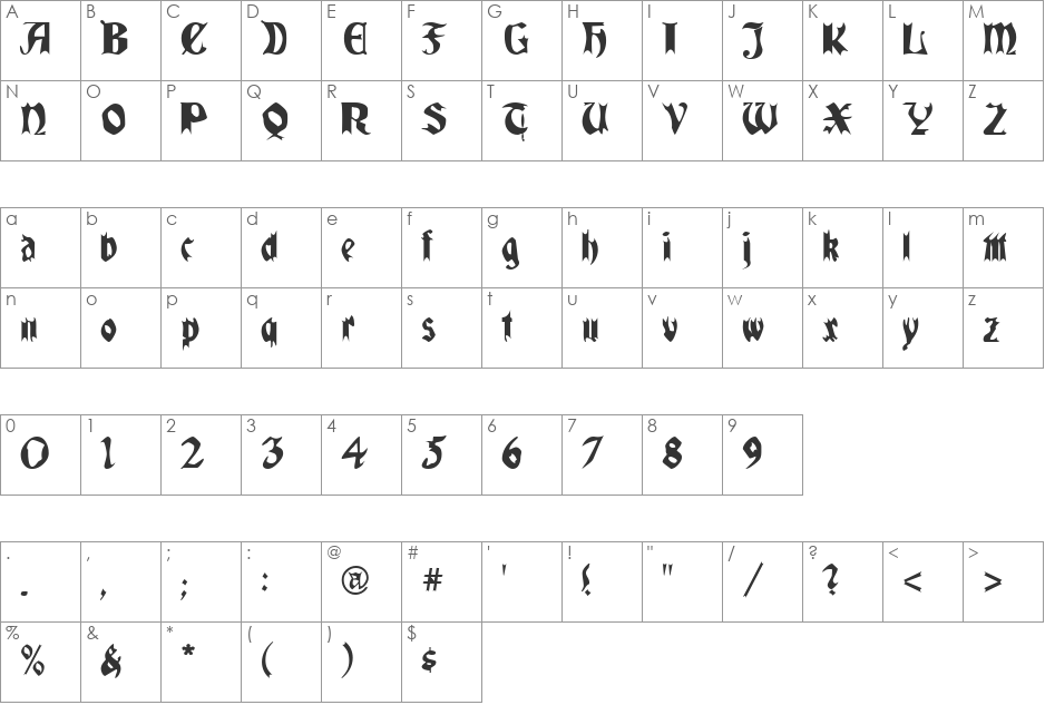 QuaelGothicLeftyCondensed font character map preview
