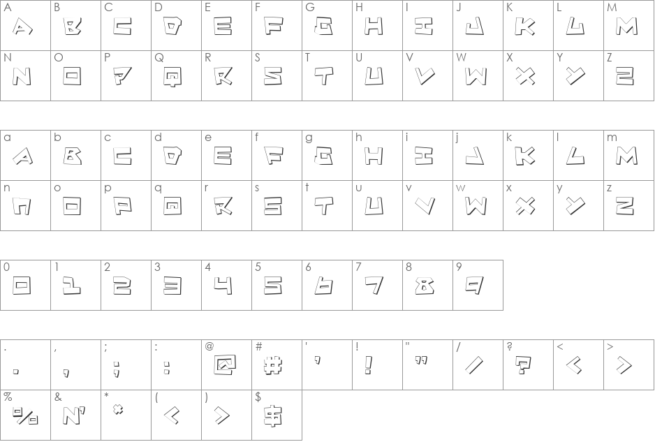 Quake & Shake font character map preview