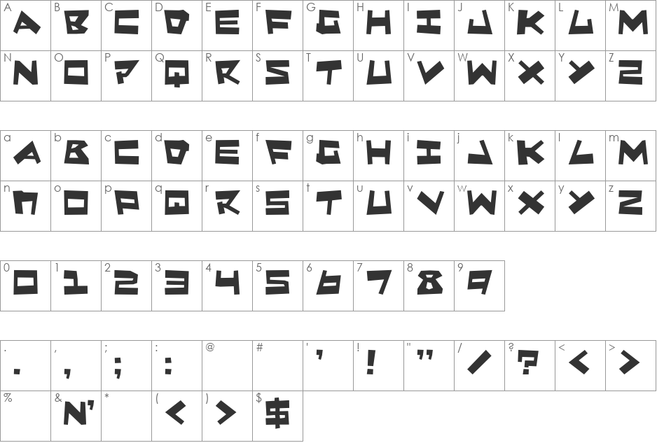 Quake & Shake font character map preview